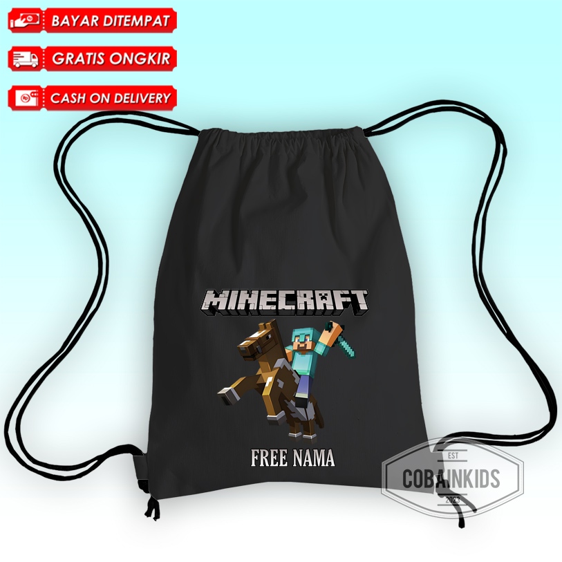 (BISA COD) FREE NAMA TAS SERUT ANAK TAS SEKOLAH ANAK SD SMP MOTIF MINECRAFT POCKET EDITION STEVE