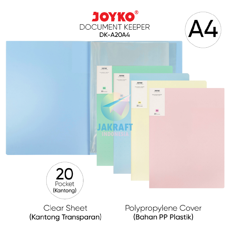 

(1 Pcs) Map Clear Holder Pastel JOYKO A4 isi 20 Pocket DK-A20A4 Biru Blue / Hijau Green / Merah Mudah Pink / Kuning Yellow Display Book Document Keeper