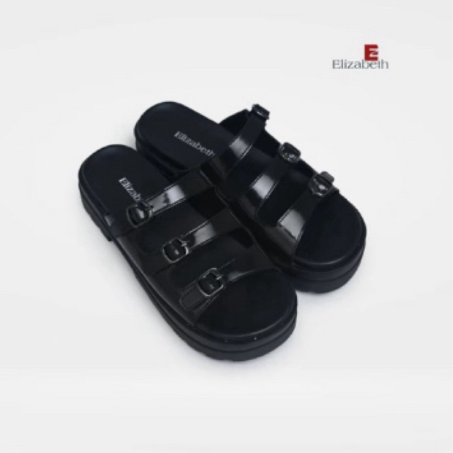 sandal slip on tali 3 brand elizabeth asli original 100% warna hitam sandal wanita elizabeth origina