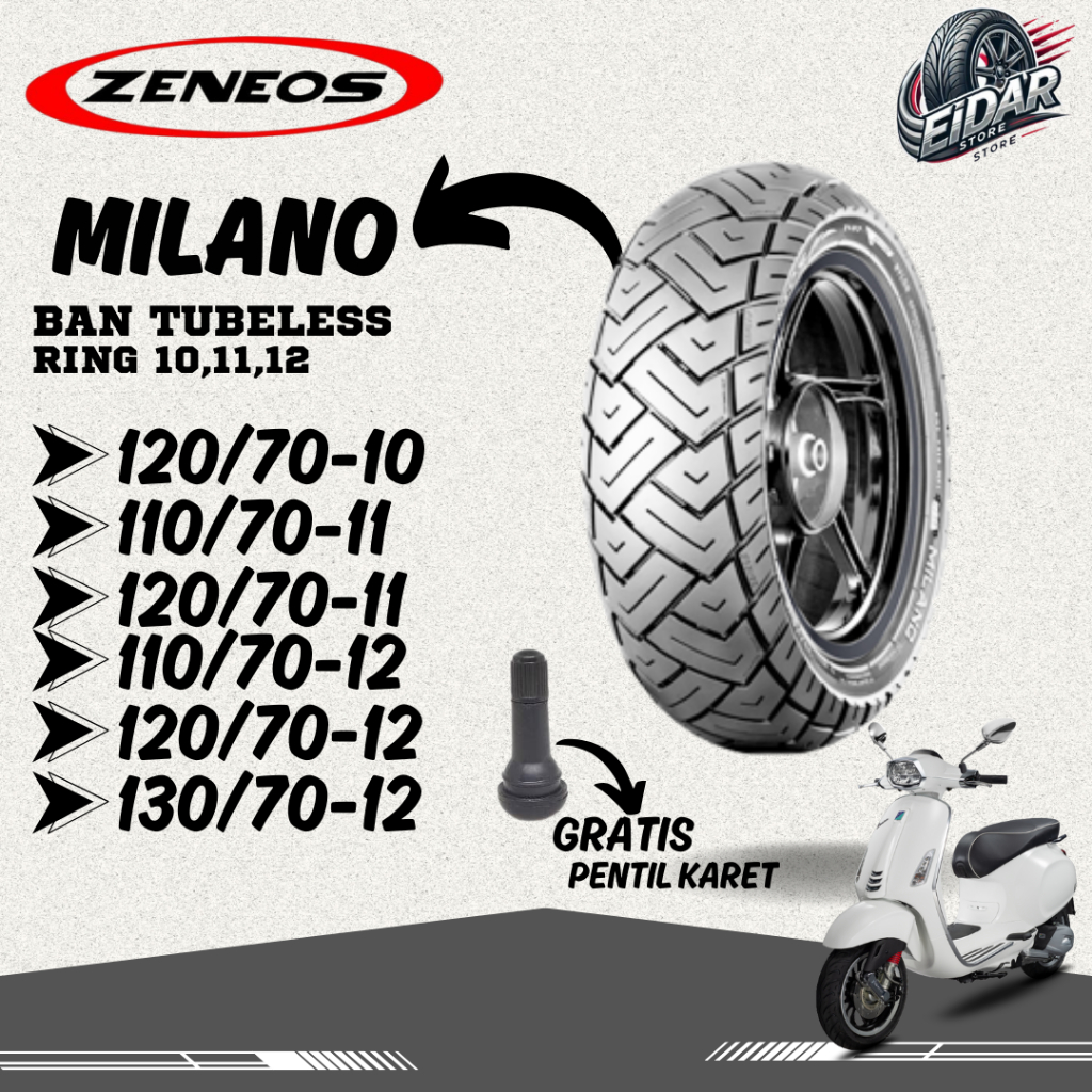 Ban Motor Vespa Matic Piagio Zeneos Milano ZN87 Ring 10 11 12 110/70 120/70 130/70 Tubeless Untuk Mo