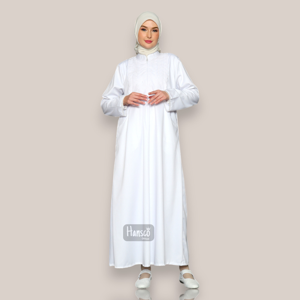 iu8 Baju Gamis Umroh Putih Polos Bahan Katun Toyobo Baju Muslim Umroh Haji Wanita Jumbo Series