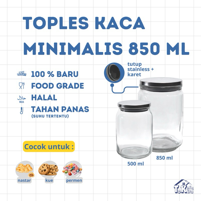 Toples Kaca Minimalis 850 ml | Toples Kedap Udara | Toples Kue Kering | Toples Penyimpanan Makanan