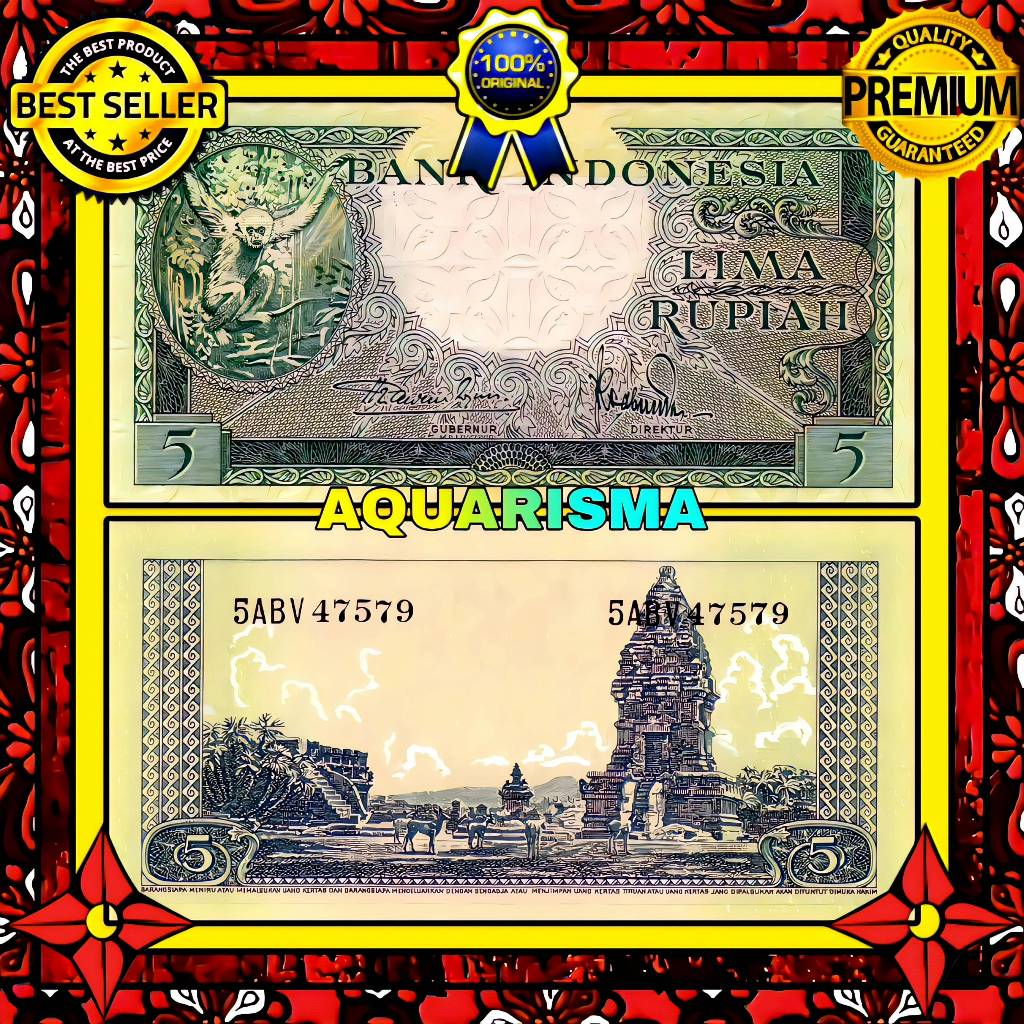 KOLEKSI NUMISMATIK - SOUVENIR UANG KUNO 5 RUPIAH INDONESIA GIBBON 1957