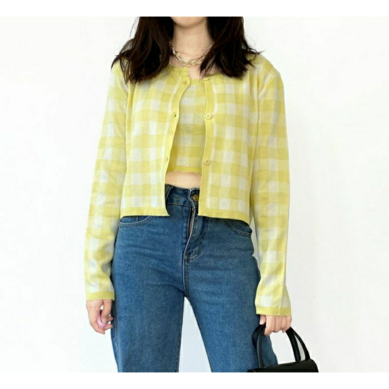 CARDIGAN CROP KNIT TOP OUTER RAJUT KOTAK KUNING KOREA ORIGINAL