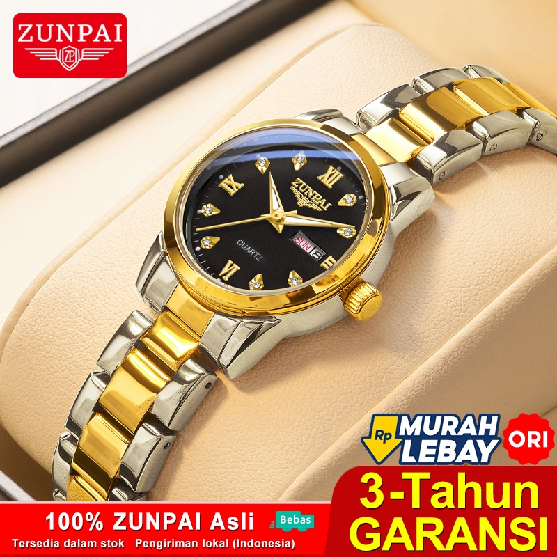ZUNPAI Jam Tangan Wanita Asli Emas Kecil Korea Fashion Unik Wanita Terbaru Anti Air Stainless Steel 