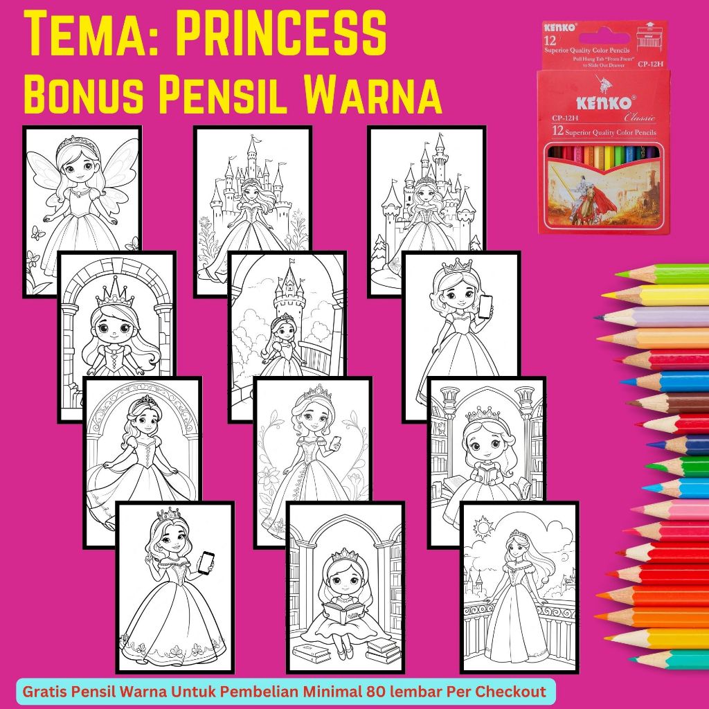 Kertas Mewarnai Tema PRINCESS | GAMBAR MEWARNAI | BUKU GAMBAR MEWARNAI ANAK Coloring Book for Kids