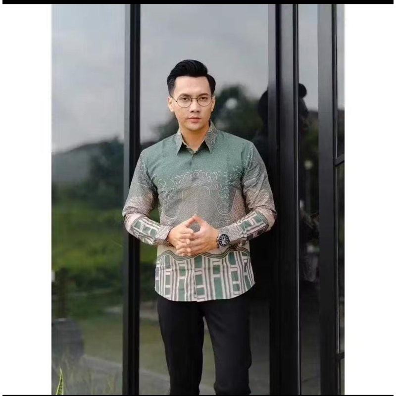 Batik Arby - Kemeja Batik Pria Hijau Sage Hem Batik Cowok Lengan Panjang Full Furing Slimfit Modern 