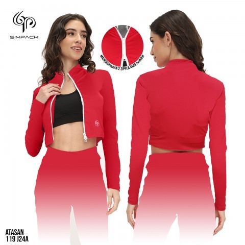 Jaket Wanita Olahraga Model Crop Zipper 2arah By Sixpack Kode J24A