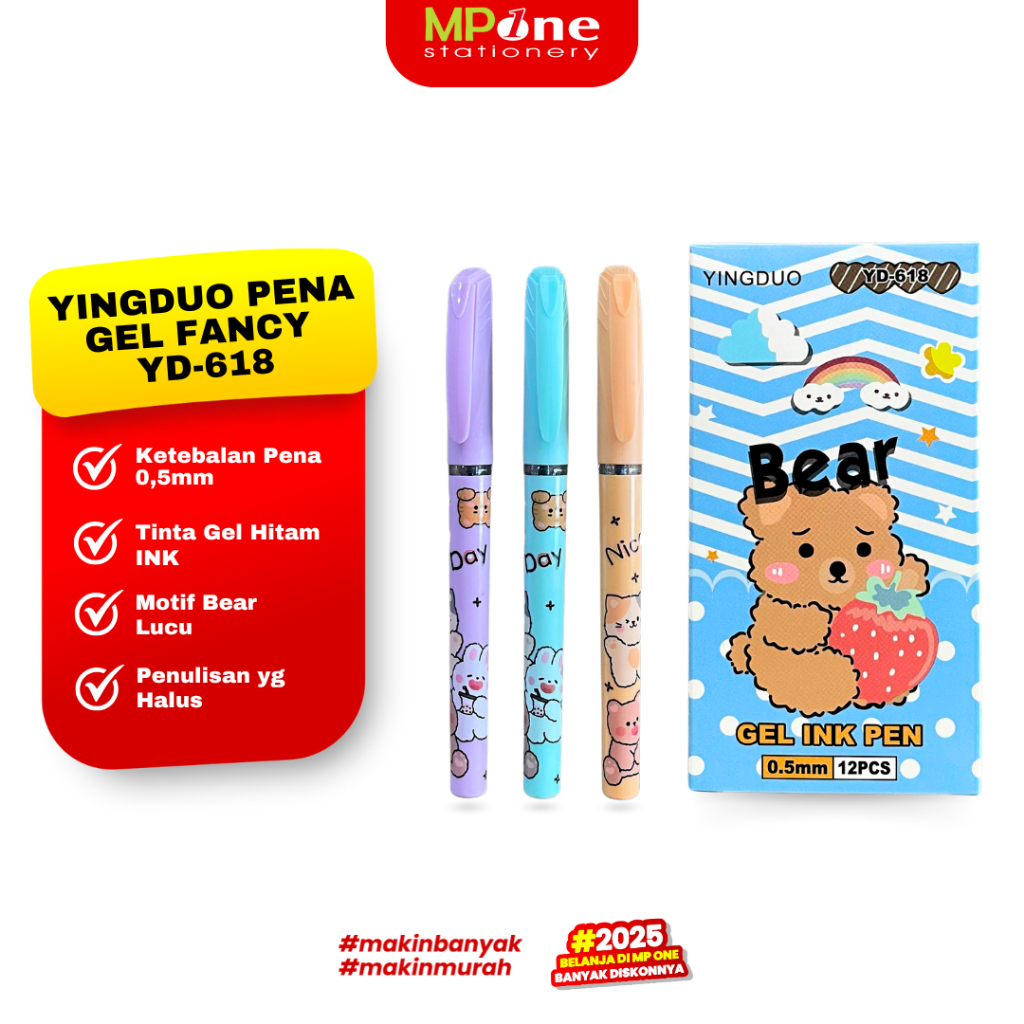 

(1 KOTAK) Yingduo Pena Gel Fancy YD-618 Motif Bear Tinta Hitam 0,5mm / Pulpen Gel Ink Fancy Isi 12 Pcs Pena YD-618