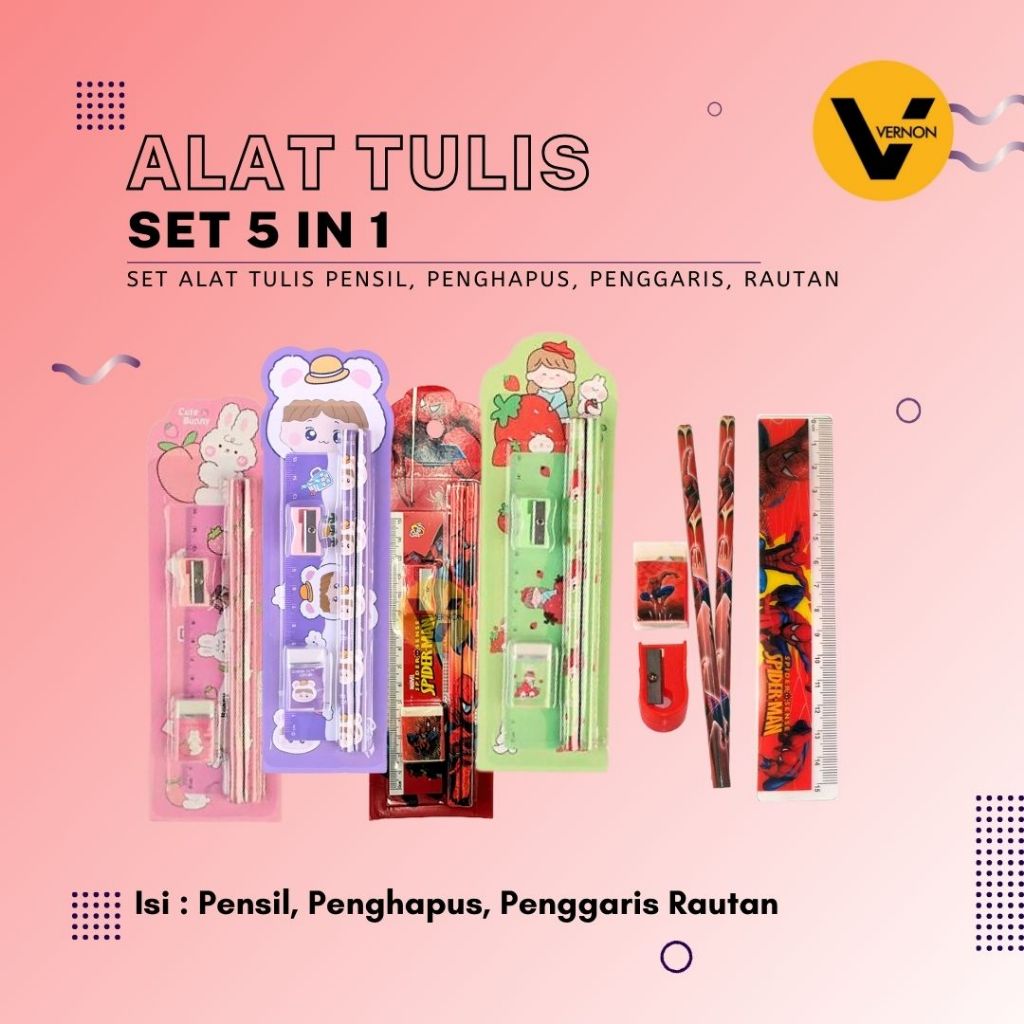 

Alat Tulis Stationery Set 5 in 1 Pensil Set Alat Tulis Anak Paket Alat Tulis Pensil Penghapus Penggaris Rautan
