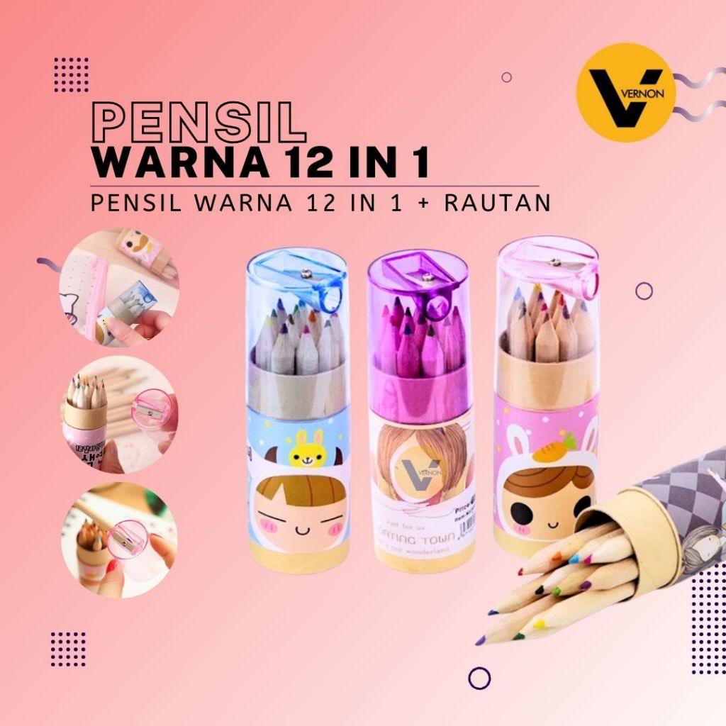 

Pensil Warna 12 IN 1 + Serutan Pensil Warna Kayu Kemasan Tabung Pensil Warna + Rautan