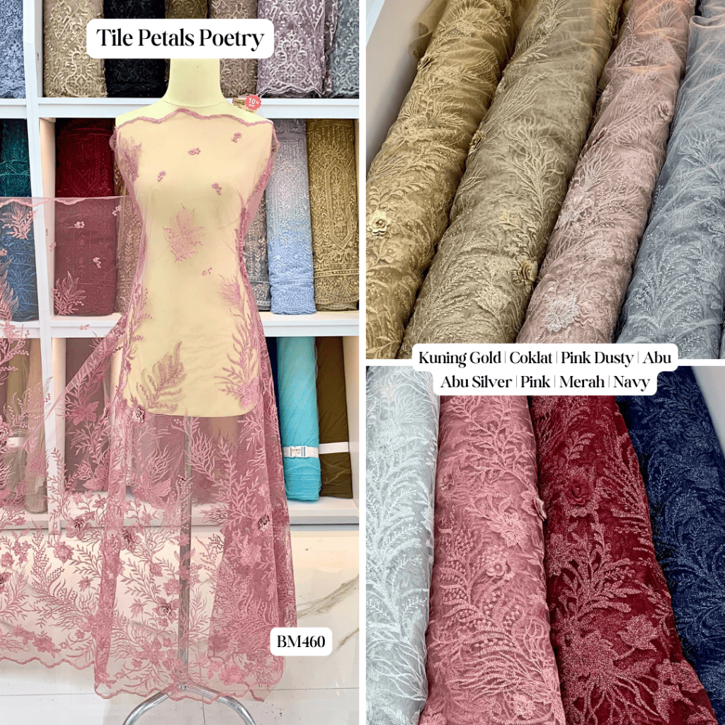 Kain Tile Bordir Bunga Timbul Petals Poetry BM 460 | Kain Tulle Motif Bunga Premium Bordir 1 Warna