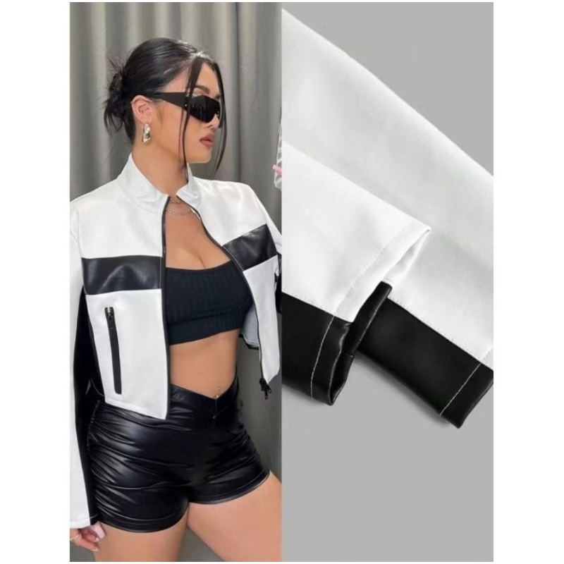 Zha_Leather ~ jaket crop wanita putih Polet hitam/women leather jacket