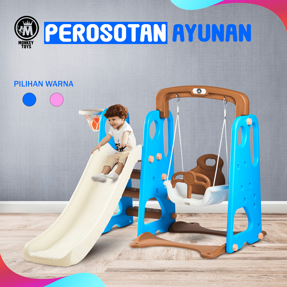 MMonkeyToys Perosotan Ayunan Anak  3IN1 Tinggi 1 METER Slide And Swings Indoor Outdoor Playground