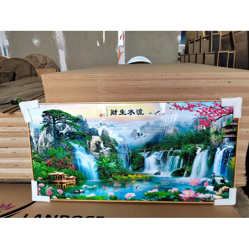 Lukisan Porcelain 5D Diamond - Gambar Pemandangan Danau China dengan Air Terjun, Bangau, Teratai Kal