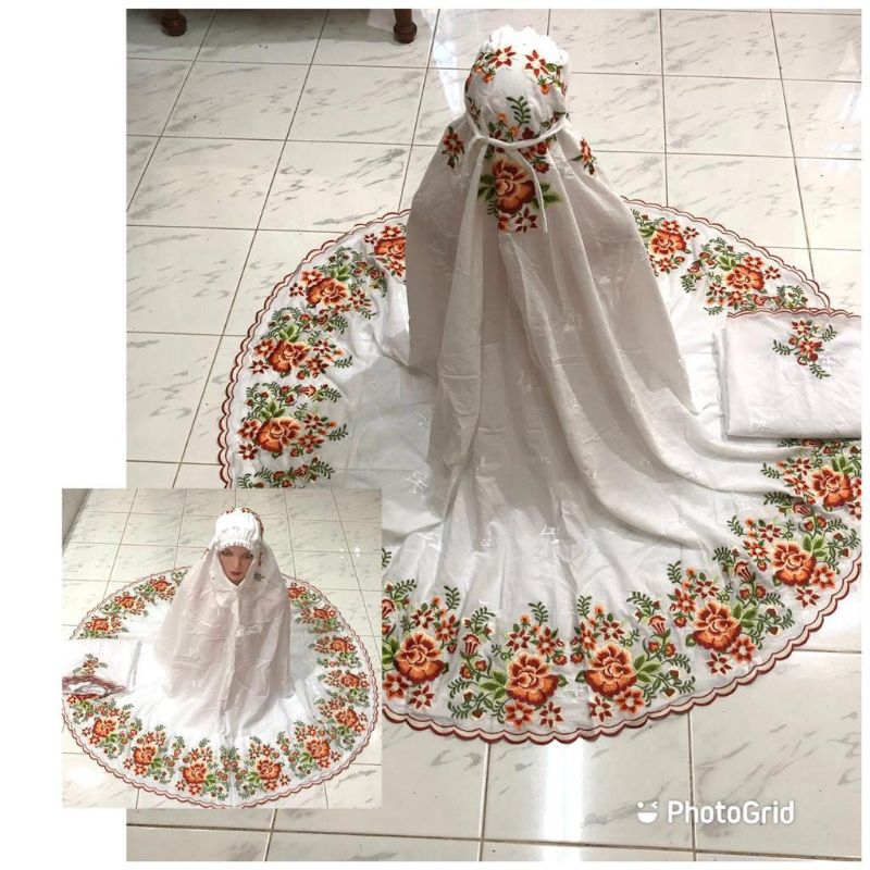 Mukena Bordir Motif Suji Caia Bunga Mawar Besar/Bahan Katun Paris Perak
