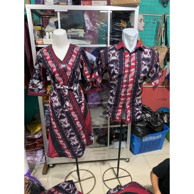baju couple dress dan kemeja pria wanita - baju tenun blanket motif bunga mawar
