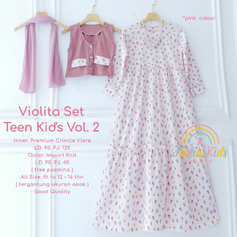 Violita set dress teen gamis anak remaja perempuan motif bunga model rompi knit (free+hijab)