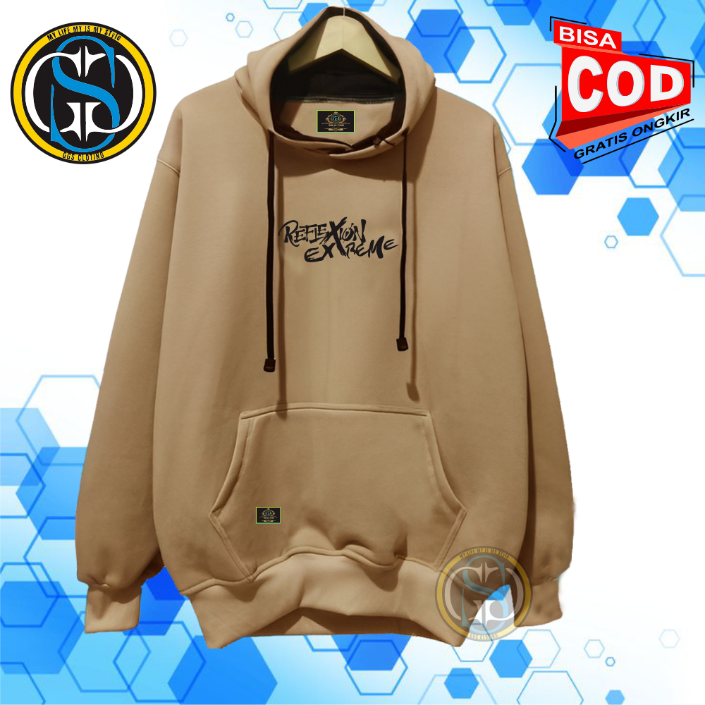 Sweater Hudie Pria Wanita Oversize Warna Mocca Motif Relextion Keren Bahan Katun Fleece Tebal Adem
