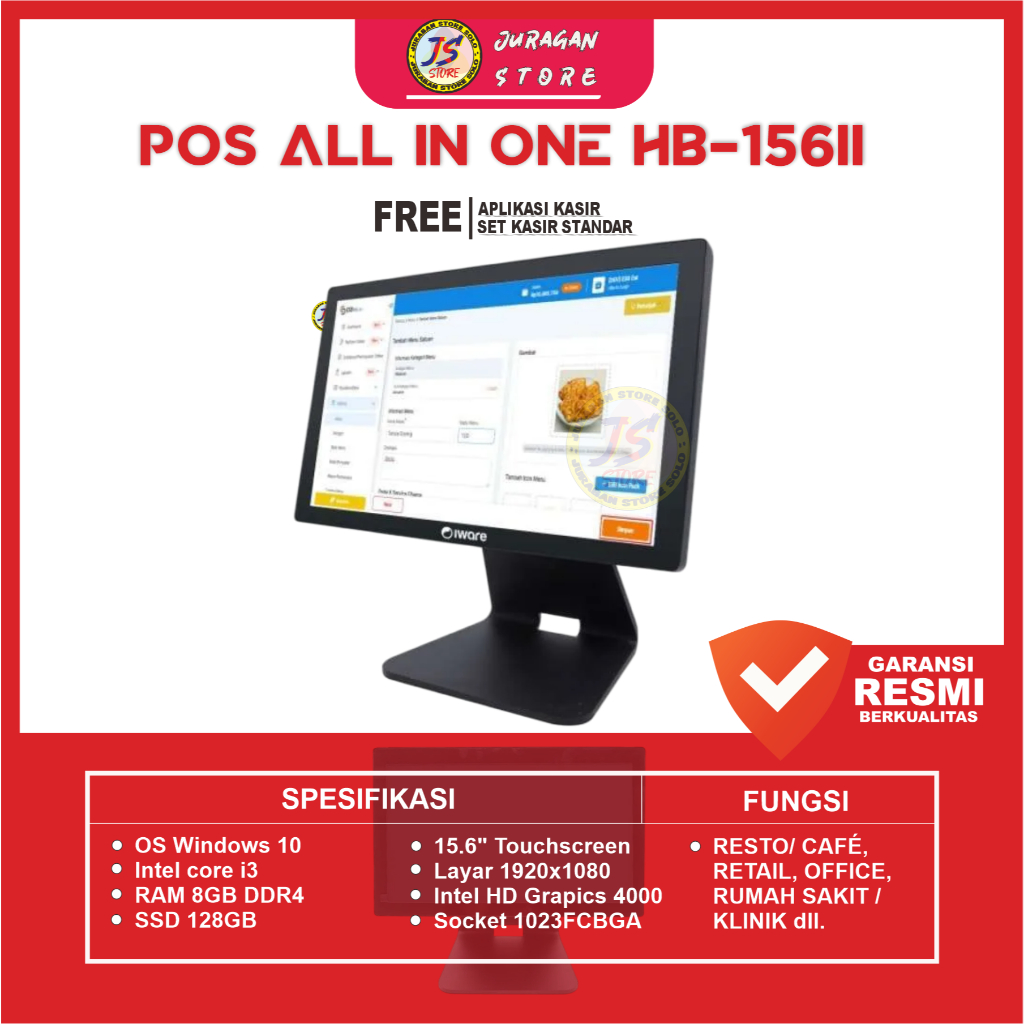 Iware Mesin Kasir PC Pos All In One HB-156II Core i3 8/128GB 15" Wifi