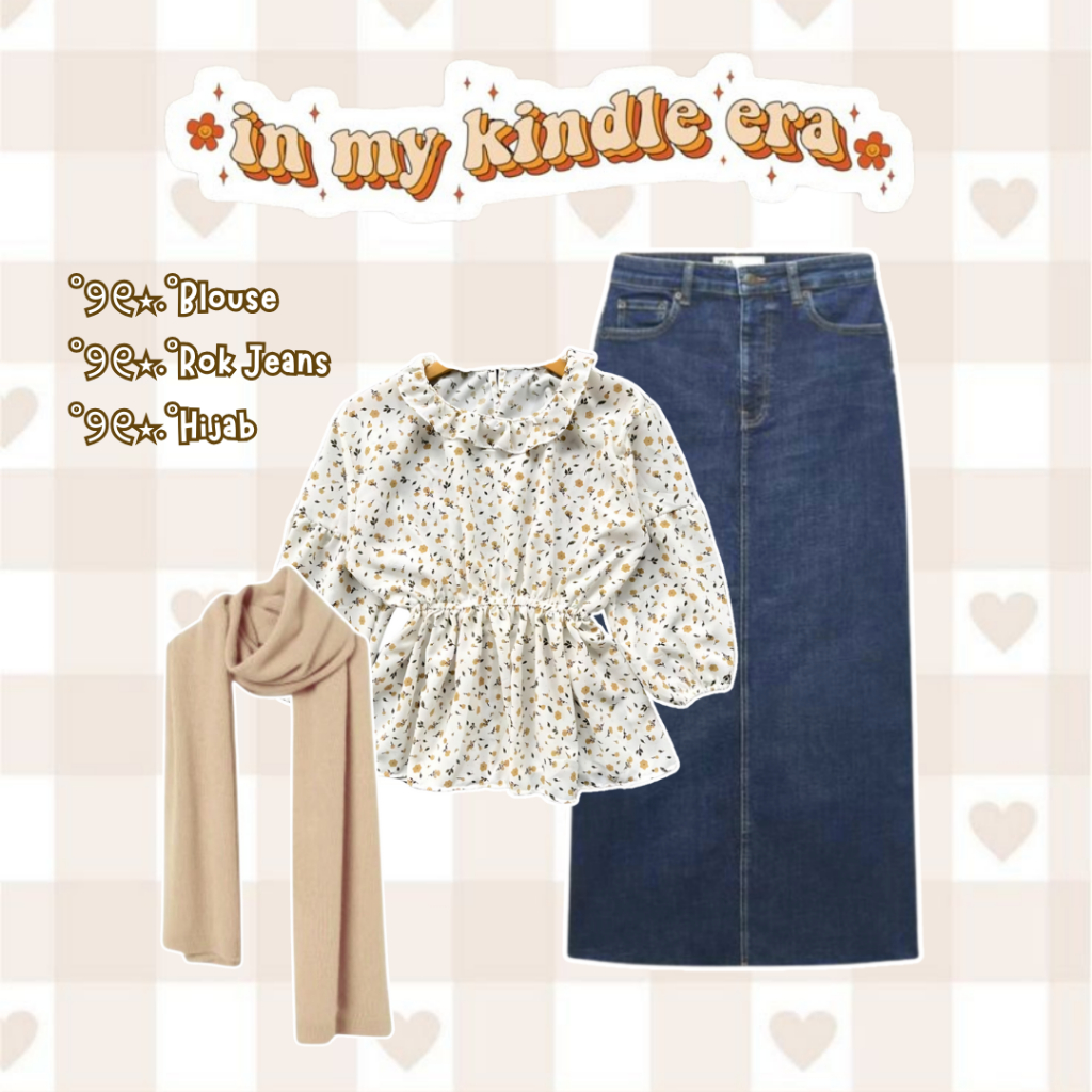 sharenaoutfit - 3 IN 1 Set Hijab Korean Style Outfit Pantai (BLOUSE, ROK JEANS, HIJAB) - SET AE211