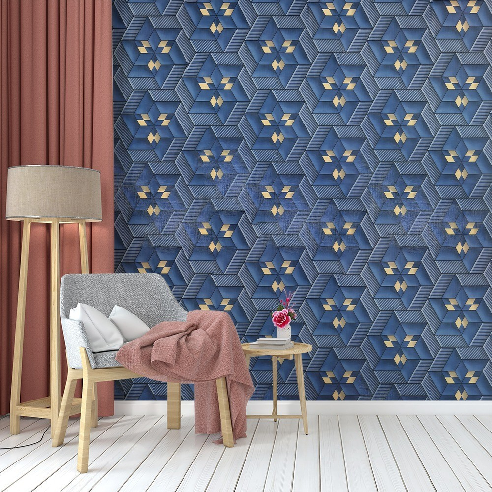 Wallpaper Sticker Dinding Motif Hexagonal 3D Biru Panjang 8 Meter x Lebar 45cm