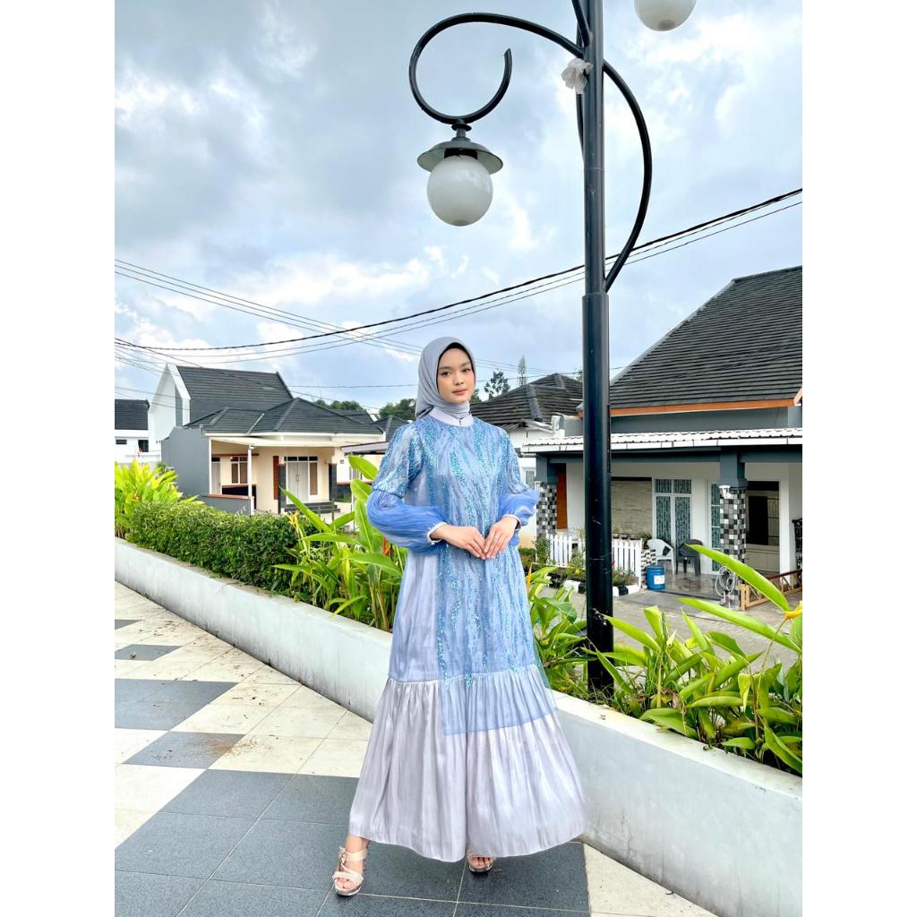 SEQUEL DRESS IN BLUE AND SILVER - baju gamis wanita, baju wanita hijab, baju muslim, dress hijab wan
