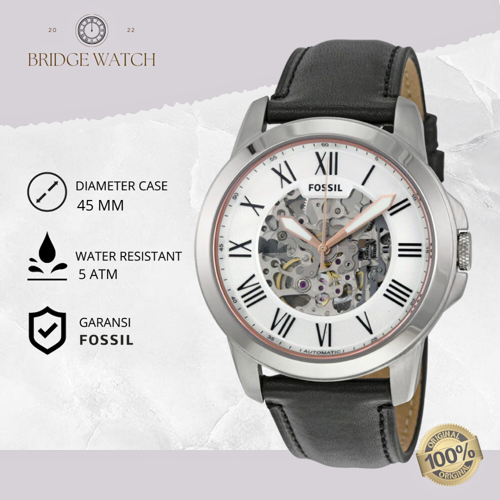 Jam Tangan Pria Fossil Automatic Pria Grant Analog Strap Kulit Hitam Black Leather Strap Water Resis