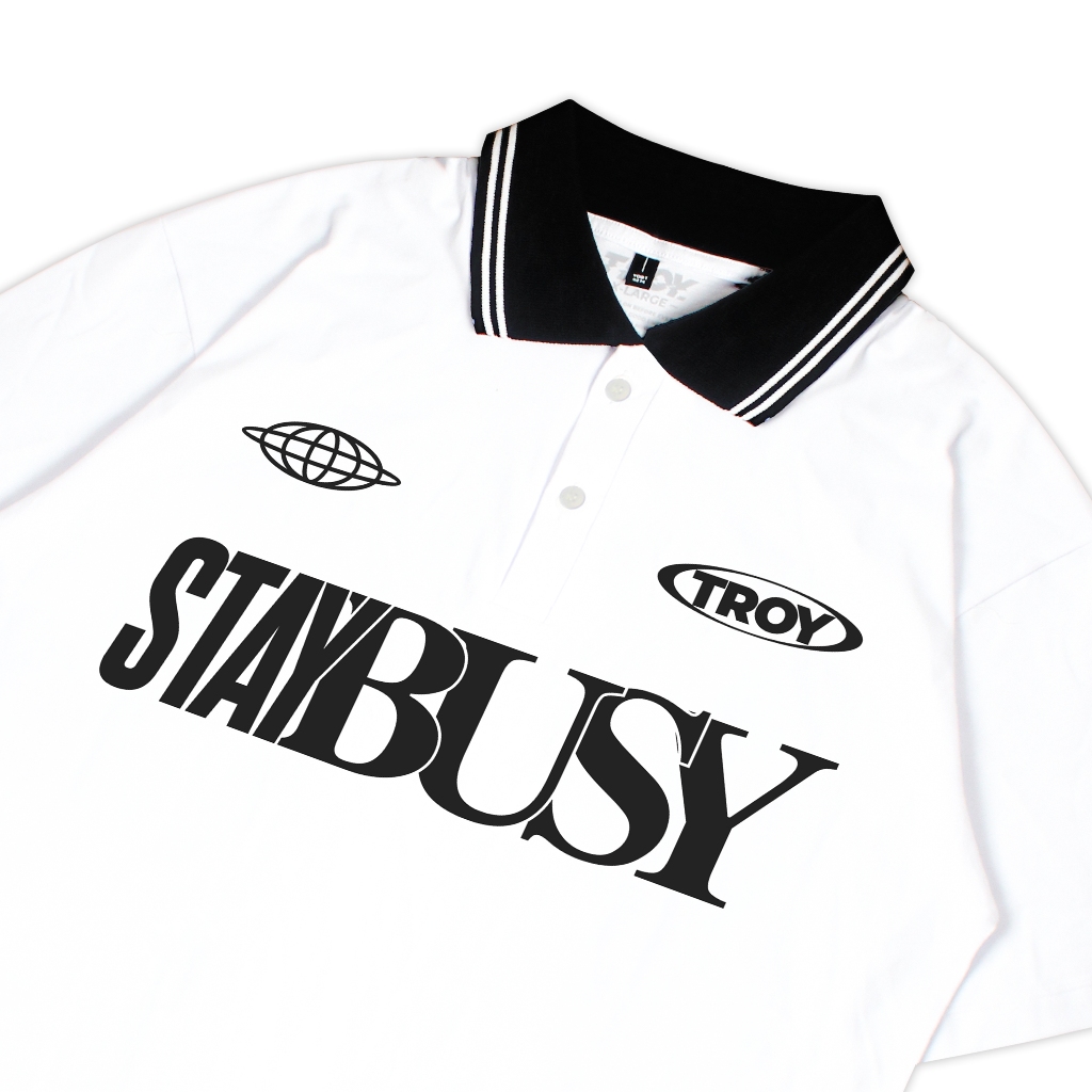 Troy Company Cotton Rugby Polo Shirt White World Globe - Kaos Polo Putih PR 3005