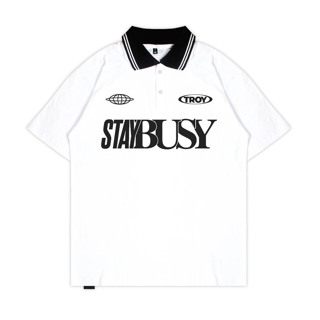 Troy Company Cotton Rugby Polo Shirt White World Globe - Kaos Polo Putih PR 3005