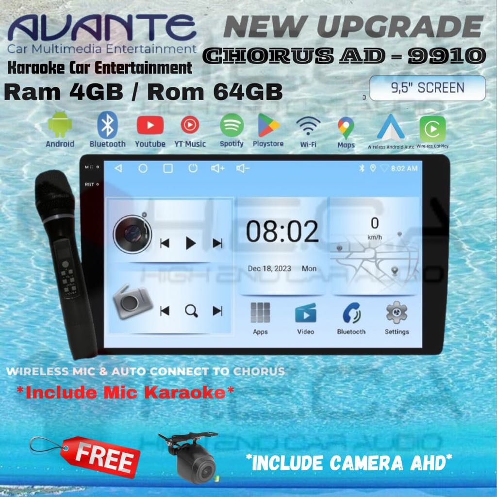 Avante Chorus Karaoke Android 9.5" inch 4/64 GB Head Unit AD-9910 Tape Mobil TV + Rear Camera AHD