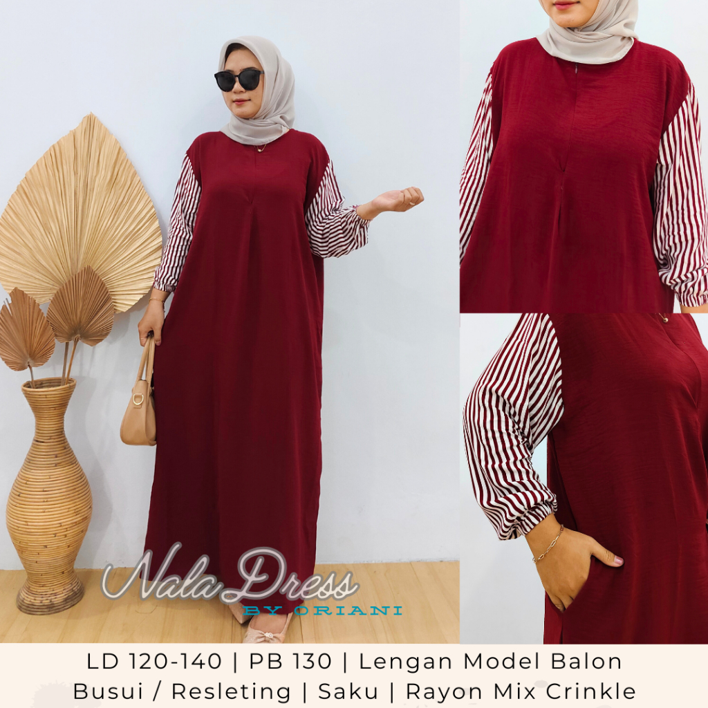Nala Dress LD 110 - LD 140 Daster Gamis Lengan Panjang Bahan Kombinasi Crinkle Rayon Premium - Orian