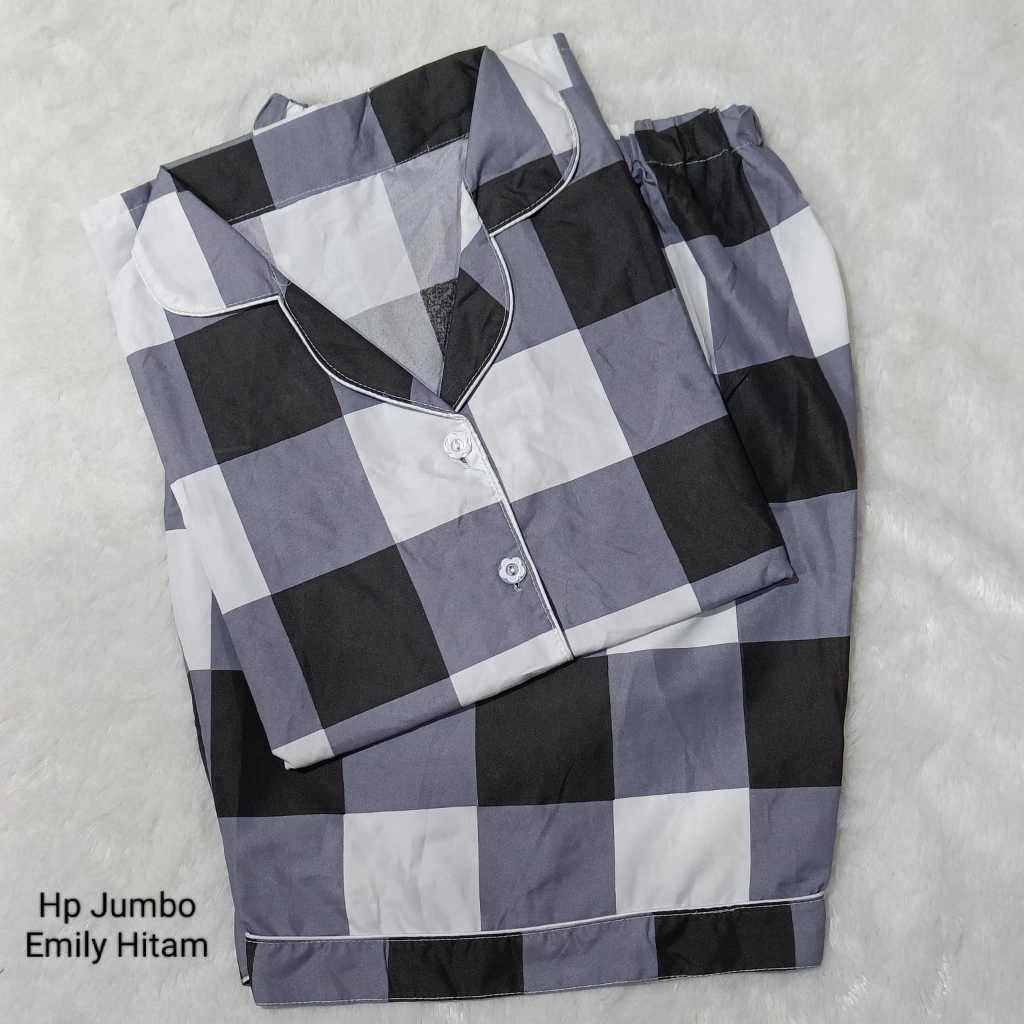 Piyama HP Wanita Motif Kotak - Setelan Baju Tidur Jumbo Lengan Pendek Celana Pendek Bahan Katun