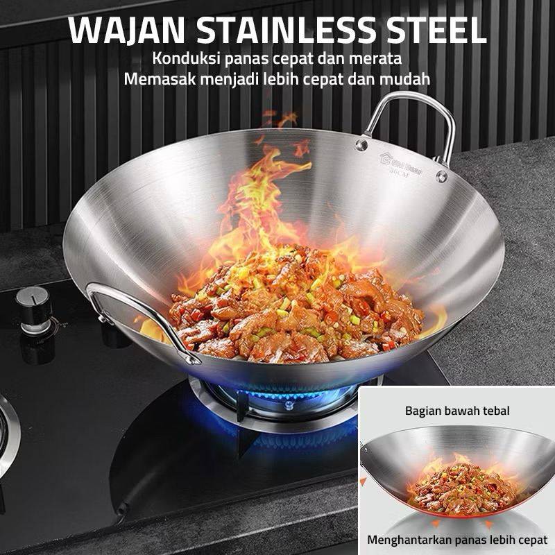 Wajan baj wajan penggorengan tebal semua stainless steel/wajan anti lengket stainless steel 304 asli