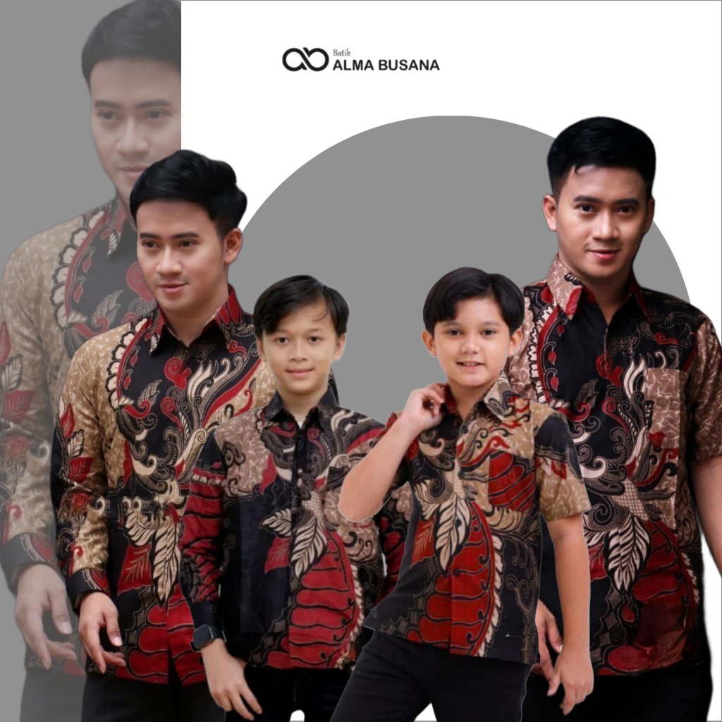 Kemeja Batik Anak Laki Laki Lengan Panjang Warna Merah Maroon Couple Batik Ayah dan Anak Laki Laki M