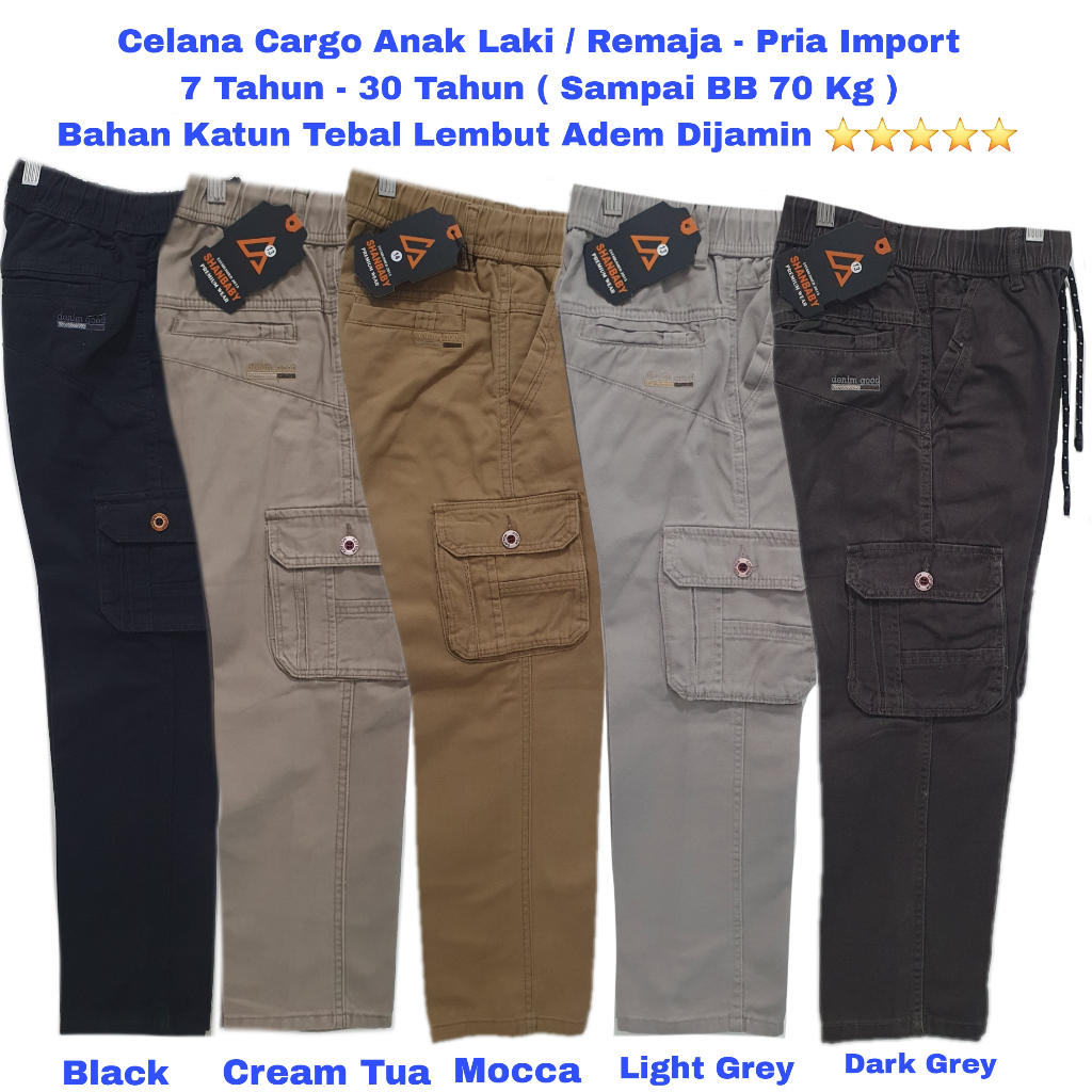 Celana Panjang Cargo Anak Laki Remaja Pria 8-20 Tahun Katun Cargo Tactical Anak Tanggung Hitam Cream