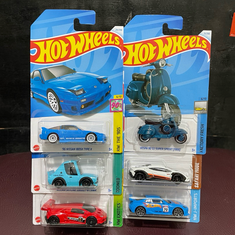 Hotwheels Lot M 2024 (6 pcs) 180sx, Lbwk Tooned, Lamborghini Huracan, Vespa biru, Lamborghini Huraca
