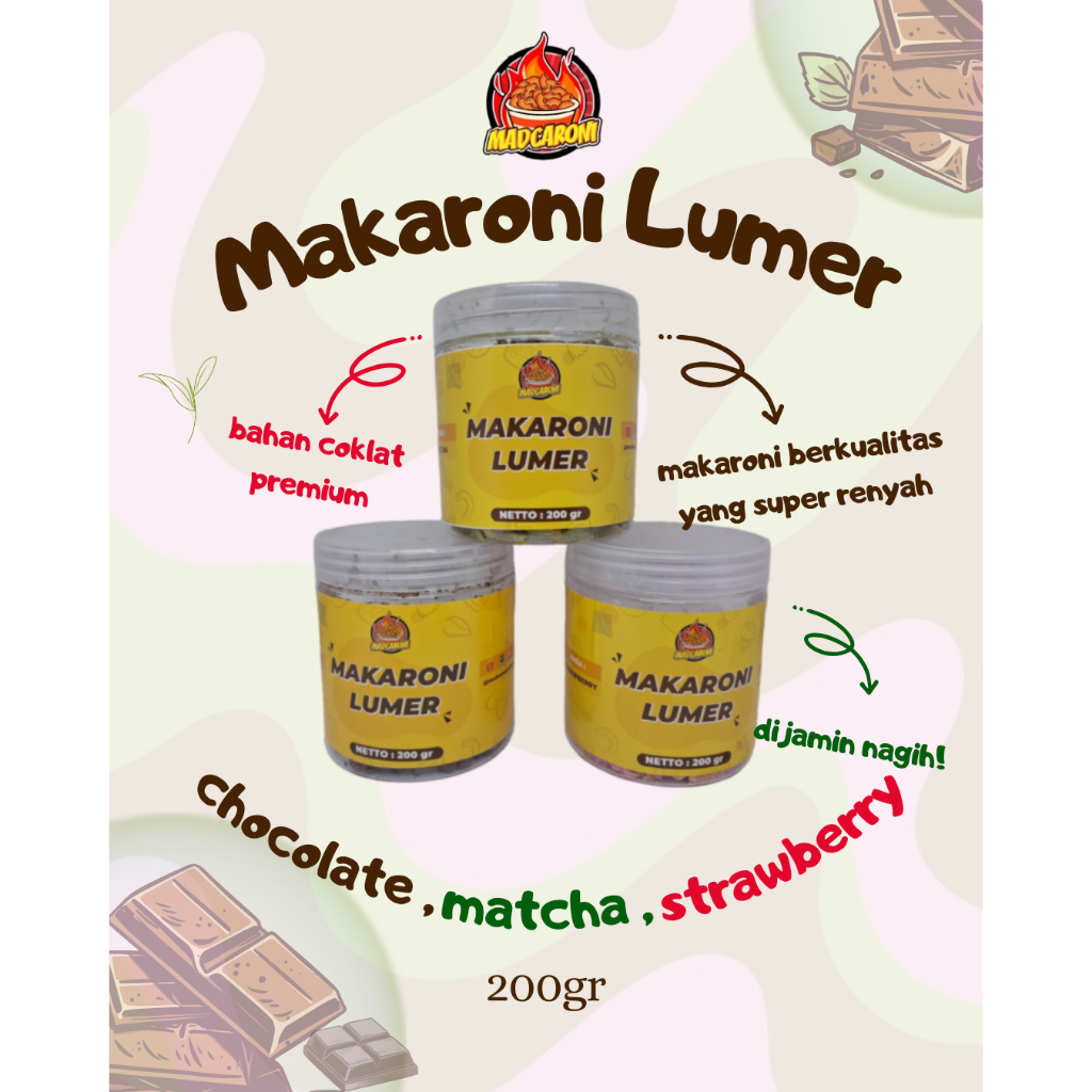 

Makaroni Lumer All Varian Madcaroni Rasa Coklat / matcha / strawberry 200gr