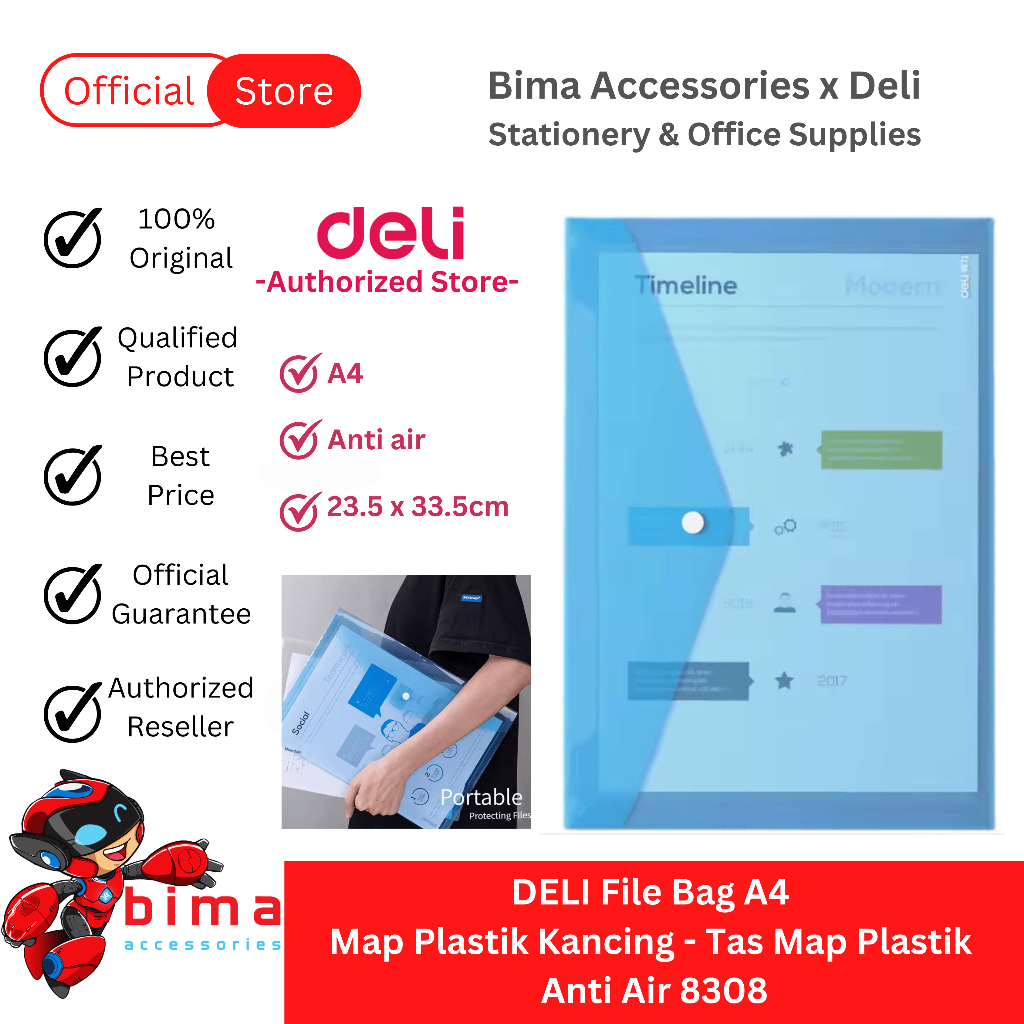 

DELI File Bag A4 Transparan Polos Tas Map Plastik Kancing Paper Folder Anti Air 8308