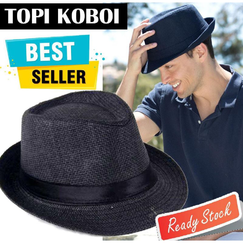 Topi Koboy Laken Pria Dewasa Fedora Koboi Tompi Vintage Cowboy Cap Coboy Jazz Panama Keren Jerami Po