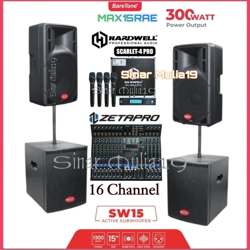 Paket Sound System Speaker 15 Inch BareTone Max15rae Subwoofer BareTone SW15 Mixer 16 Ch Zetapro Tha