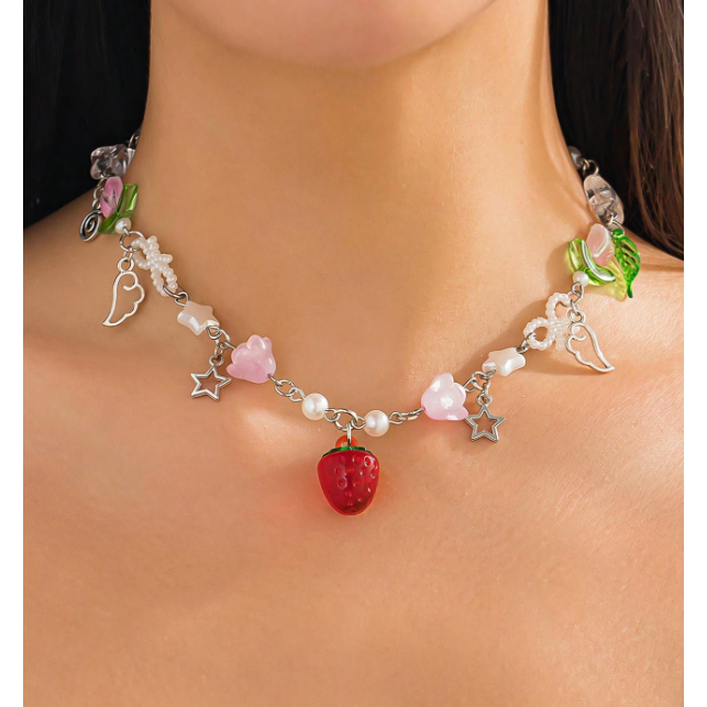 Y2K Cute Strawberry/Star/Angel Wings/Flower/Bow Faux Pearl Pendant Necklace Valentines