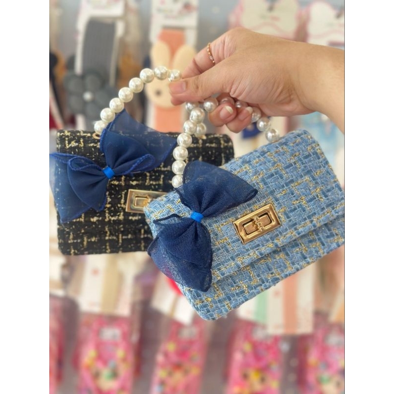 Tas Mini Rajut Motif Garis Pita Biru Bonus Tali Selempang / Pouch Mini Dewasa Dan Anak