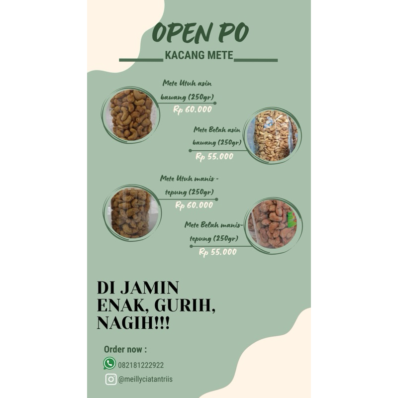 

MOHON BACA DESKRIPSI SEBELUM CO--Kacang Mete asli premium (Utuh & Belah) asin, manis, dan mentahan -250gr, 500gr, 1kg {MOHON MENUNGGU} sistem PO