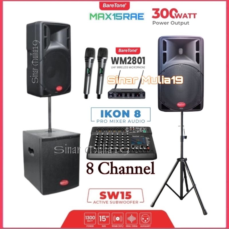 Paket Sound System Karaoke Speaker aktif 15 inch Baretone Max15Rae Subwoofer aktif Baretone SW15 Mix