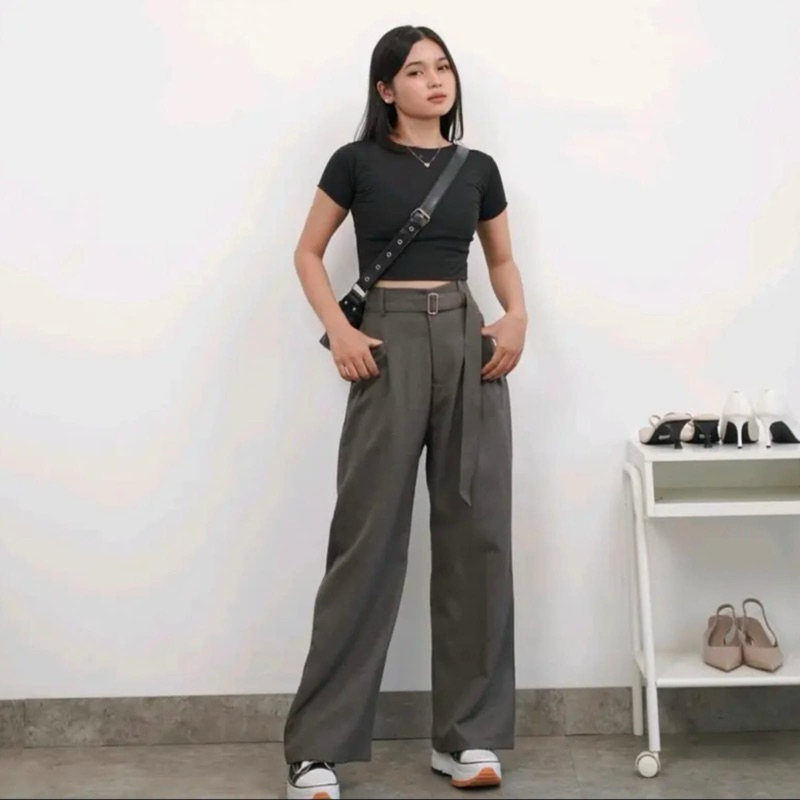 Obi Pants - Celana Wanita Kulot Highwaist Trousers Loose Pants - Obi Pants Pinggang Sabuk Tali