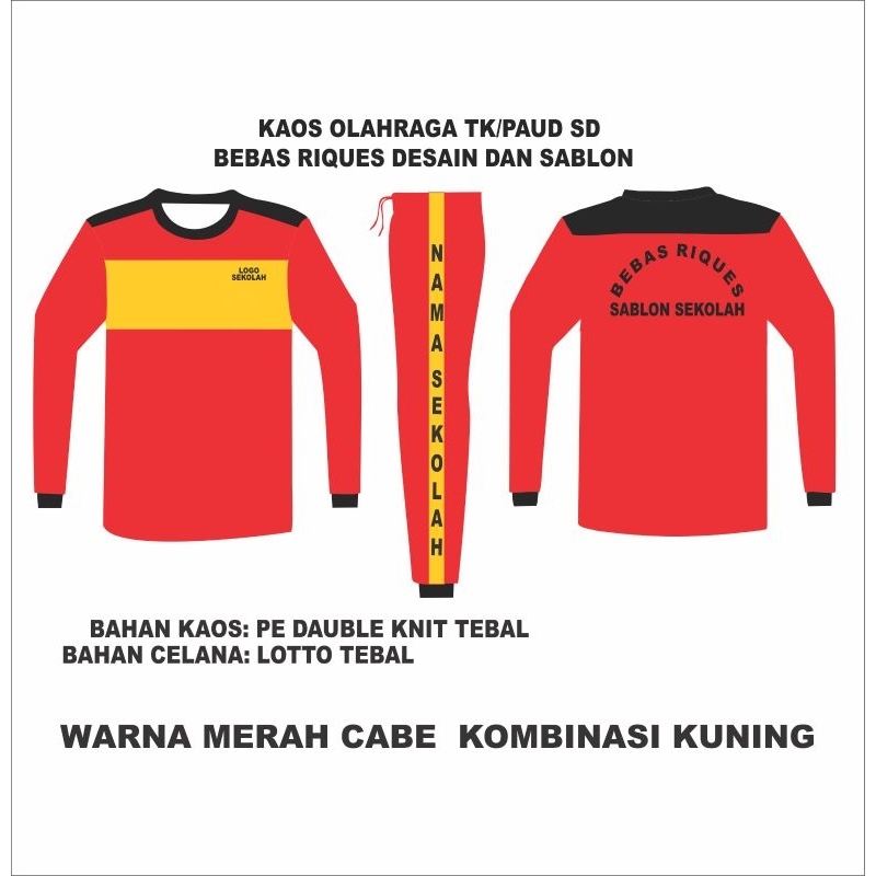 Seragam Kaos Olahraga TK/Paud/RA Dan SD Tangan Panjang Baju Olahraga Warna Merah Kombinasi Kuning Da
