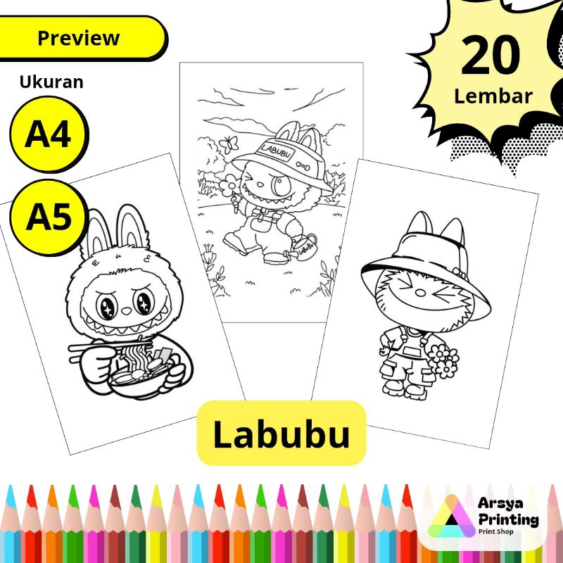 

20 Lembar Kertas Mewarnai Anak Tema Labubu Ukuran A4 A5