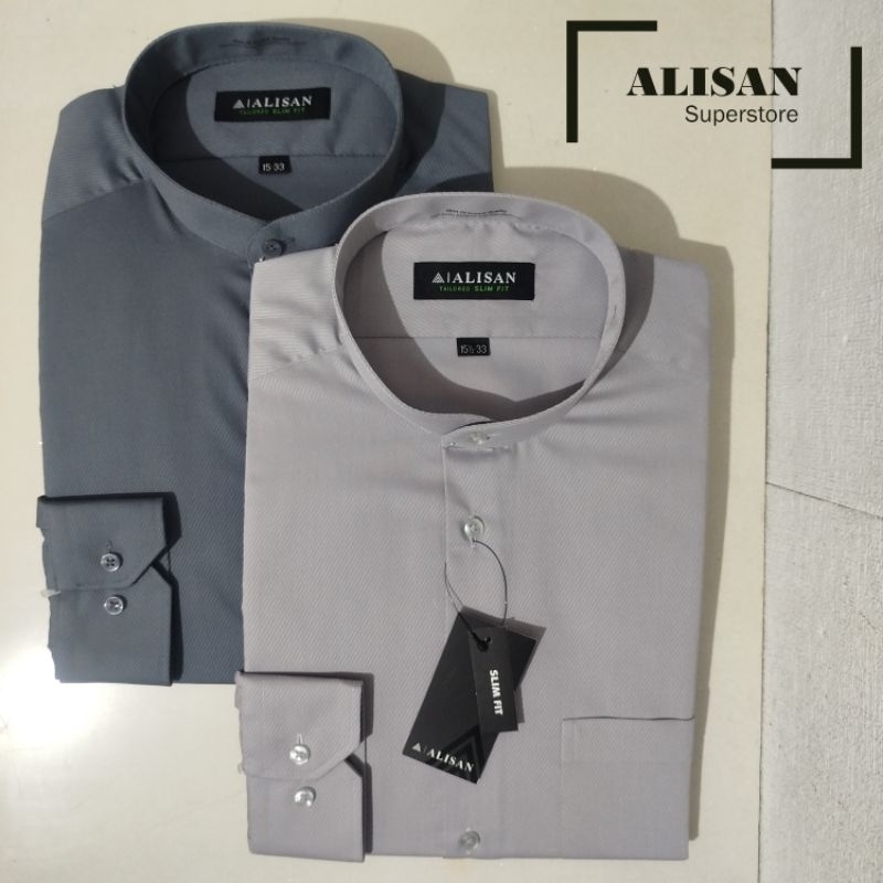 Alisan Kemeja Pria Dobby Koko Kerah Kerah Shanghai Lengan Panjang Slimfit