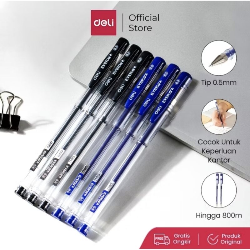 

Deli Pulpen Gel/Gen Oek 0.5 mm Tinta Hitam/Biru/Merah